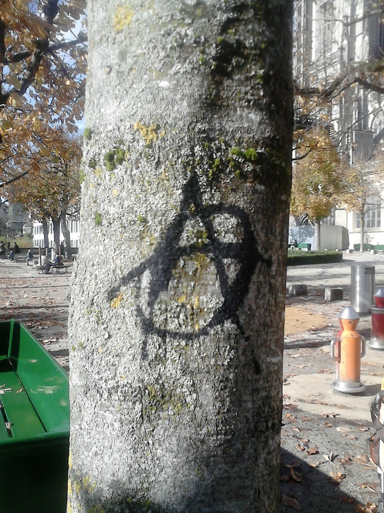 Arbre d'un parc de Bern amb una A anarquista pintada en color negre.